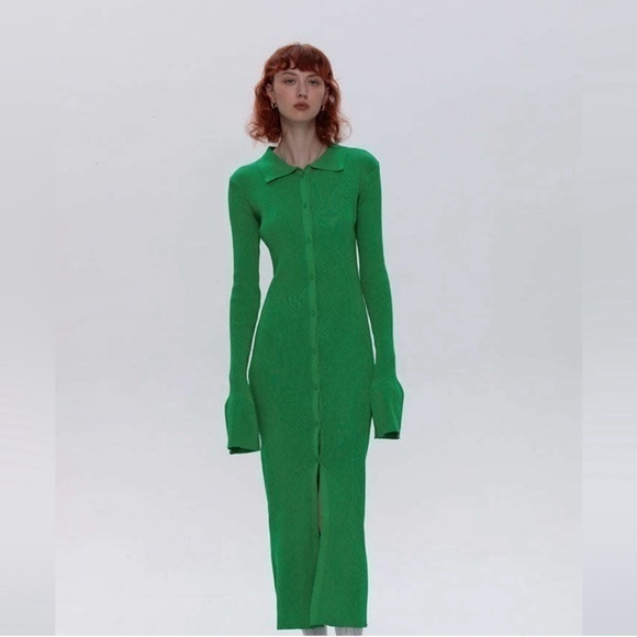 Micas Green Rib Knitted Collared Button Strips Flared Dress Size Large RefI027 - Picture 4 of 17